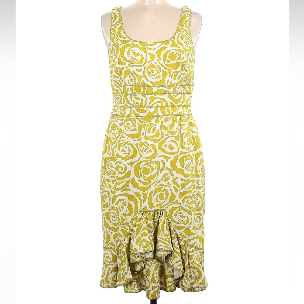Vintage Carlisle Yellow & White 100% Silk Floral Roses Ruffled Dress Size 6 S